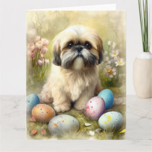 Lhasa Apso Dog with Easter Eggs Holiday Card