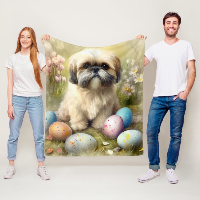 Lhasa Apso Dog with Easter Eggs Holiday  Fleece Blanket (In Situ)