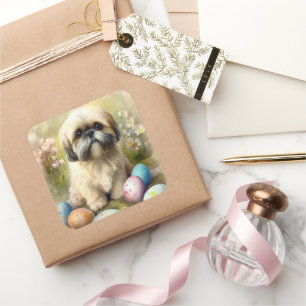 Lhasa Apso Dog with Easter Eggs Holiday Square Sticker