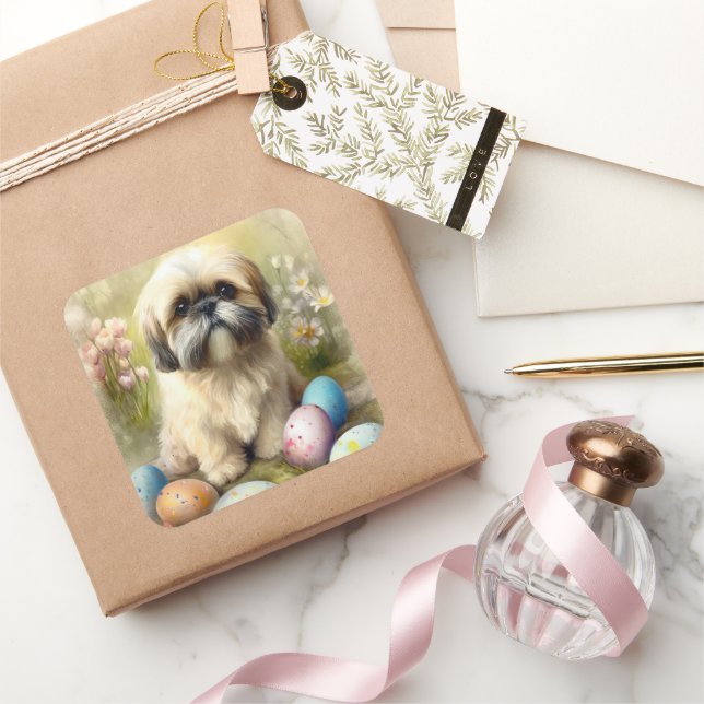 Lhasa Apso Dog with Easter Eggs Holiday  Square Sticker (Gifting)