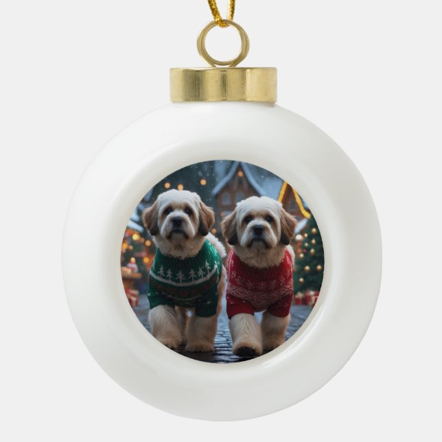 Lhasa Apso Dogs Christmas Snow Holiday Ceramic Ball Christmas Ornament (Front)