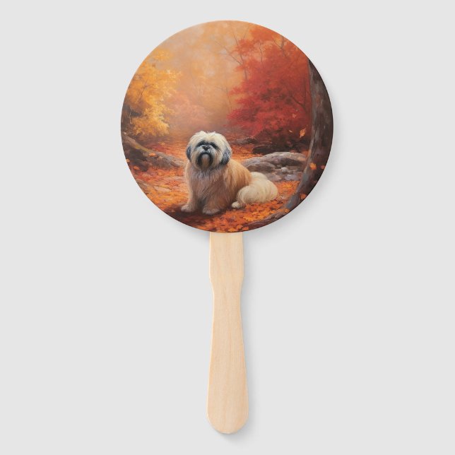 Lhasa Apso in Autumn Leaves Fall Inspire Hand Fan (Front)