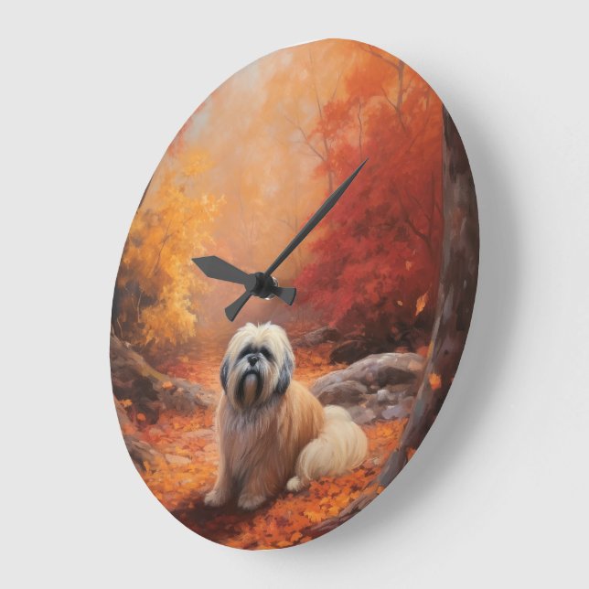 Lhasa Apso in Autumn Leaves Fall Inspire Large Clock (Angle)