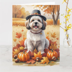 Lhasa Apso In Autumn Leaves Thanksgiving Art Card
