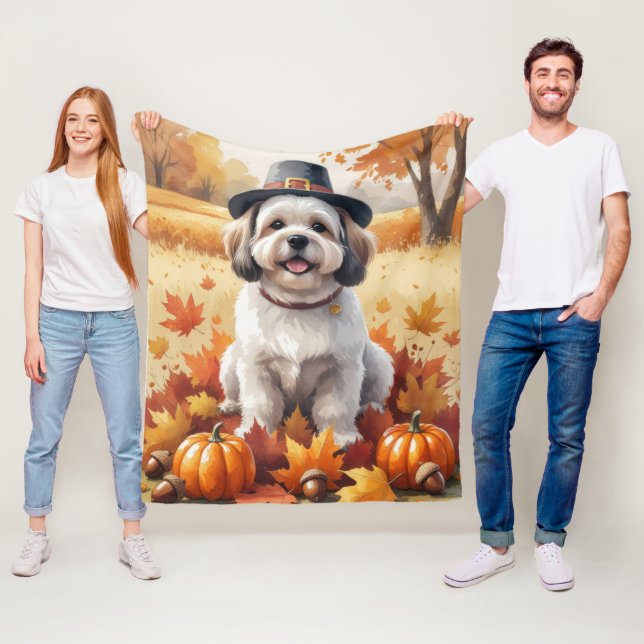 Lhasa Apso In Autumn Leaves Thanksgiving Art  Fleece Blanket (In Situ)