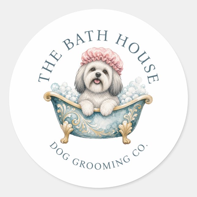 Lhasa Apso In Bath Cute Dog Groomer Salon Stickers (Front)