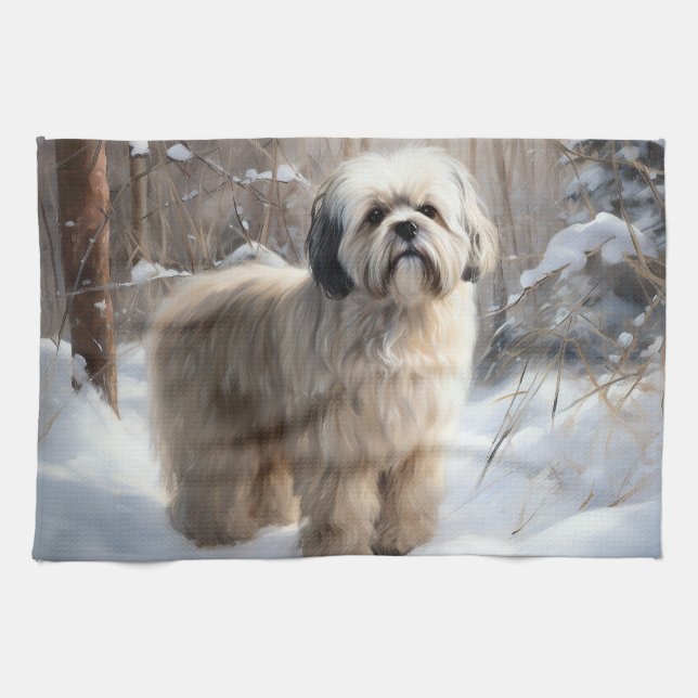 Lhasa Apso Let It Snow Christmas  Tea Towel (Horizontal)