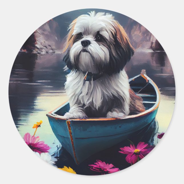 Lhasa Apso on a Paddle: A Scenic Adventure Classic Round Sticker (Front)
