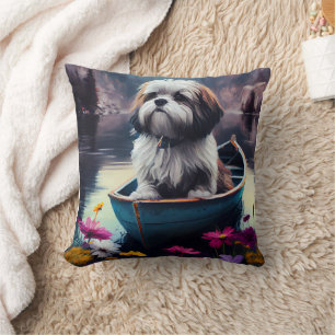 Lhasa Apso on a Paddle: A Scenic Adventure  Cushion