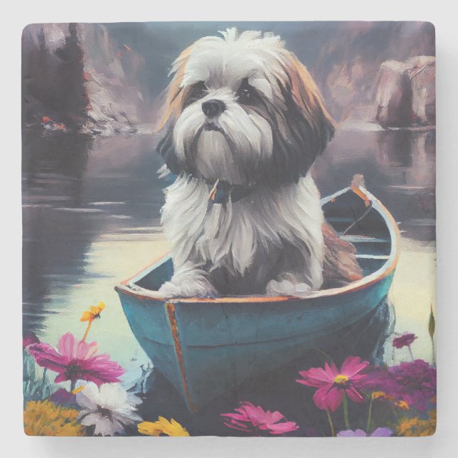Lhasa Apso on a Paddle: A Scenic Adventure Stone Coaster (Front)