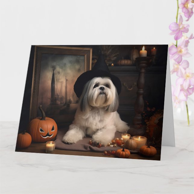 Lhasa Apso Pumpkins Halloween Scary Card (Orchid)