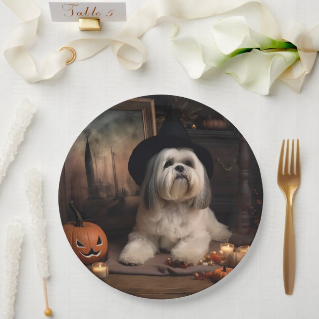 Lhasa Apso Pumpkins Halloween Scary Paper Plate (Wedding)