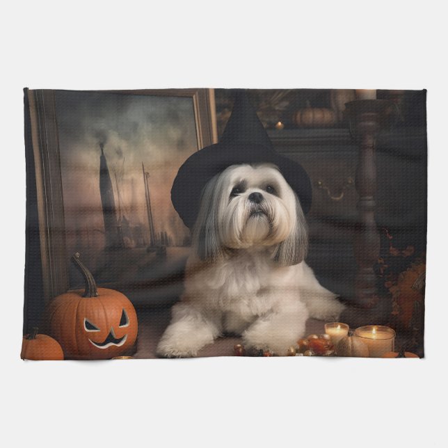 Lhasa Apso Pumpkins Halloween Scary Tea Towel (Horizontal)