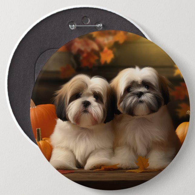 Lhasa Apso Puppy Autumn Delight Pumpkin  6 Cm Round Badge (Front & Back)