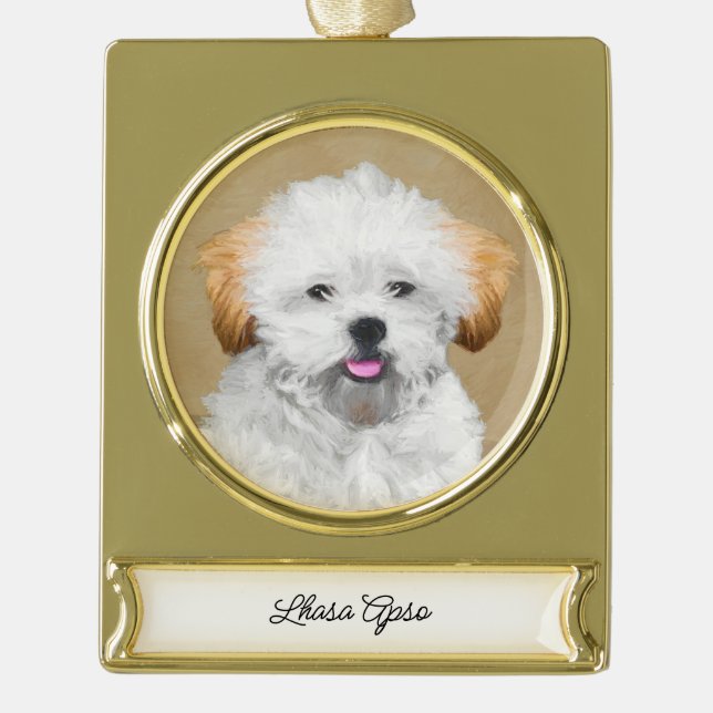 Lhasa Apso Puppy Painting - Cute Original Dog Art  Gold Plated Banner Ornament (Front)