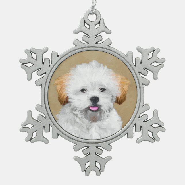 Lhasa Apso Puppy Painting - Cute Original Dog Art Snowflake Pewter Christmas Ornament (Front)