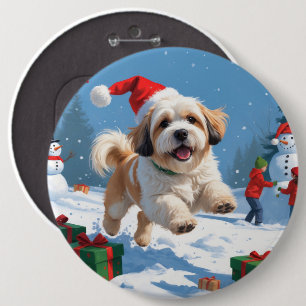 Lhasa Apso Running in Snow with Christmas Hat 6 Cm Round Badge