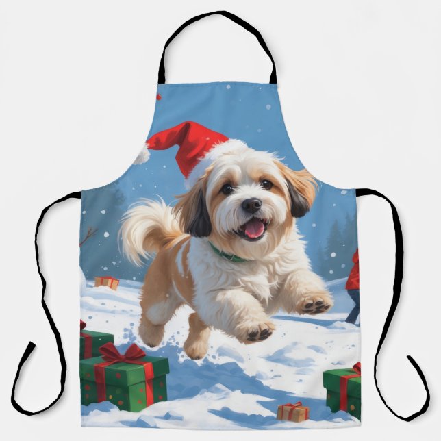 Lhasa Apso Running in Snow with Christmas Hat Apron (Front)