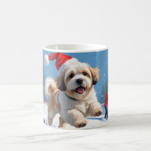 Lhasa Apso Running in Snow with Christmas Hat Coffee Mug