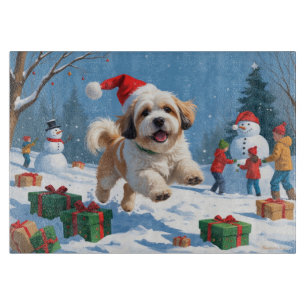 Lhasa Apso Running in Snow with Christmas Hat Cutting Board