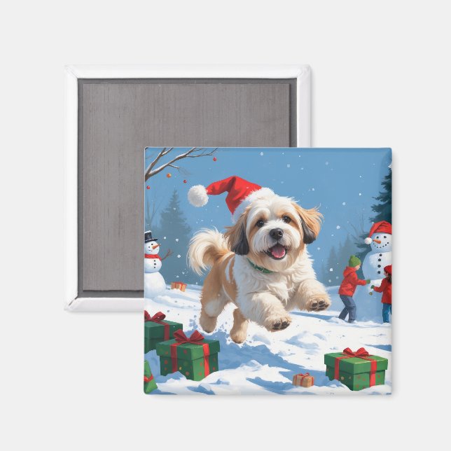Lhasa Apso Running in Snow with Christmas Hat Magnet (Front/Back)