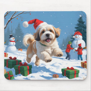 Lhasa Apso Running in Snow with Christmas Hat Mouse Pad