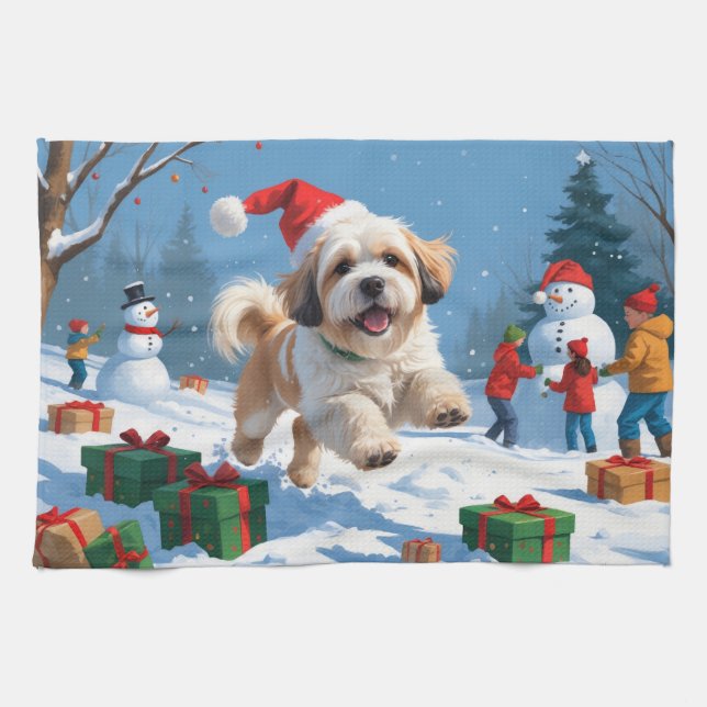 Lhasa Apso Running in Snow with Christmas Hat Tea Towel (Horizontal)