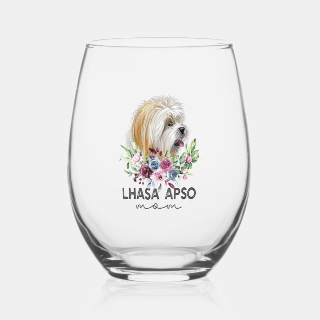 Lhasa Apso Shirt Gifts Dog Mum Stemless Wine Glass (Front)