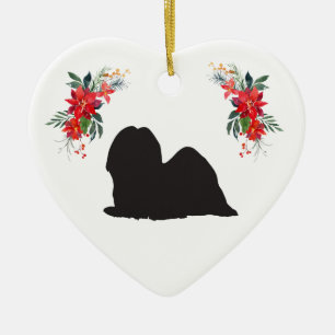 Lhasa Apso Silhouette with Name Poinsettia Ceramic Tree Decoration