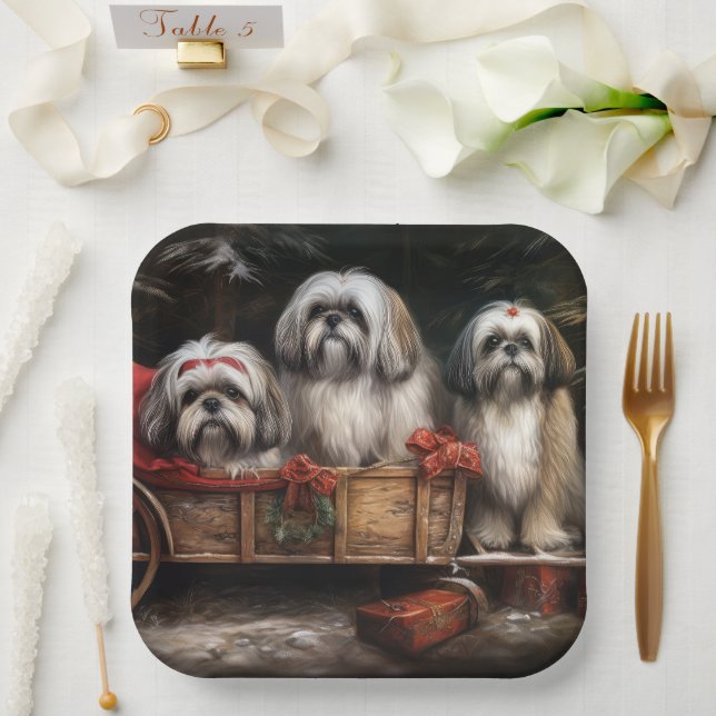 Lhasa Apso Snowy Sleigh Christmas Decor Paper Plate (Wedding)