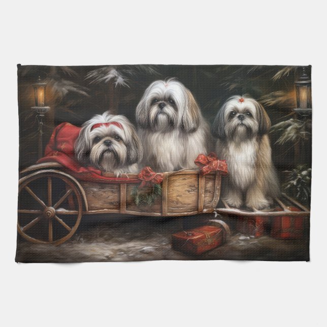 Lhasa Apso Snowy Sleigh Christmas Decor Tea Towel (Horizontal)