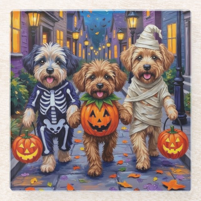 Lhasa Apso Trick-or-Treating In Halloween Costumes Glass Coaster (Front)