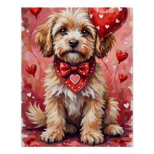 Lhasa Apso Valentine Dog Sitting with Hearts Red Poster
