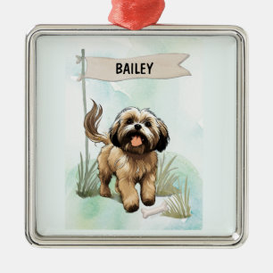 Lhasa Apso Watercolor Personalised Dog Metal Tree Decoration