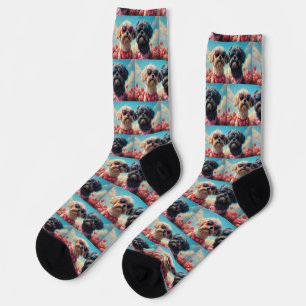 Lhasa Apso with Heart Roses Valentine's Day Socks