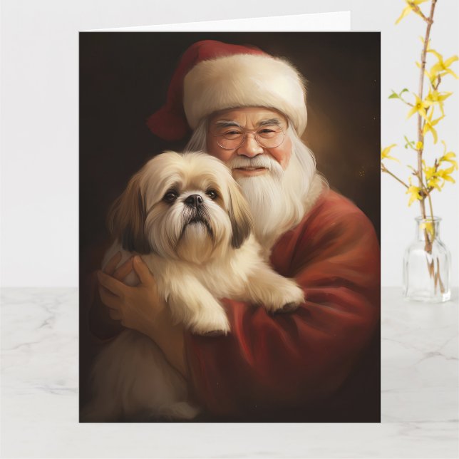 Lhasa Apso With Santa Claus Festive Christmas  Card (Yellow Flower)