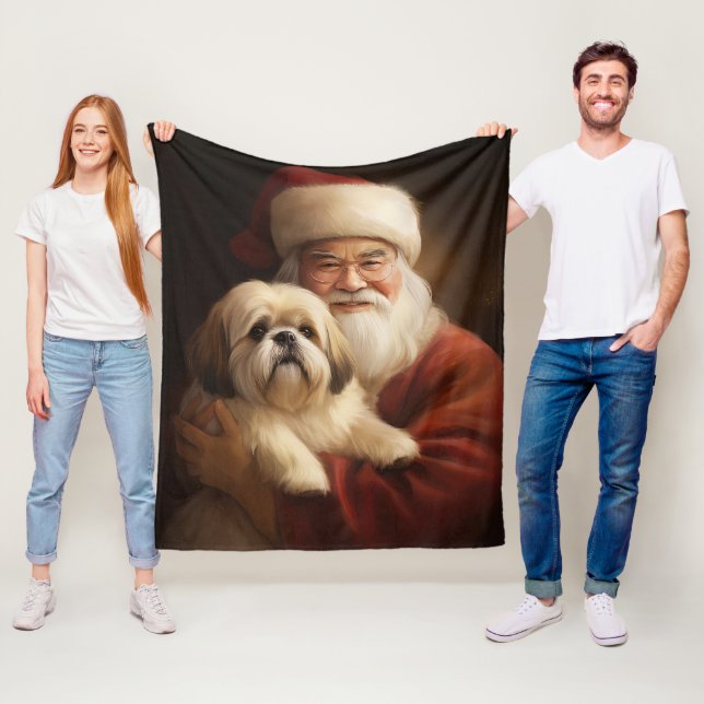 Lhasa Apso With Santa Claus Festive Christmas  Fleece Blanket (In Situ)