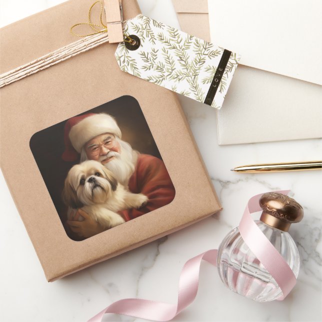 Lhasa Apso With Santa Claus Festive Christmas  Square Sticker (Gifting)