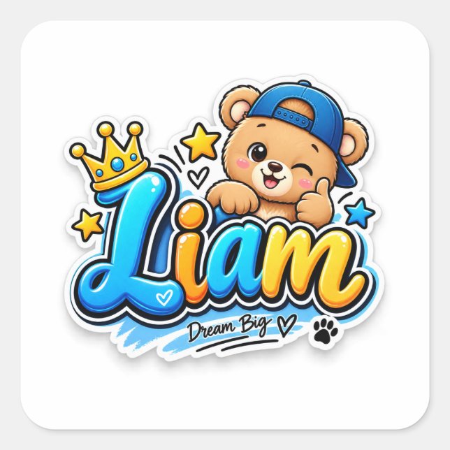 Liam Little Legend Cute Teddy Bear Personalised Square Sticker (Front)