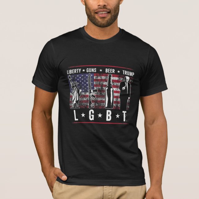 Liberty Guns Beer Trump LGBT Parody Funny T-Shirt (Front)