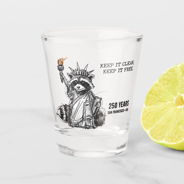 Liberty Raccoon San Francisco 250 Years Shot Glass (Front)