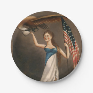 Liberty Woman Eagle American Flag USA Oil Painting Paper Plate