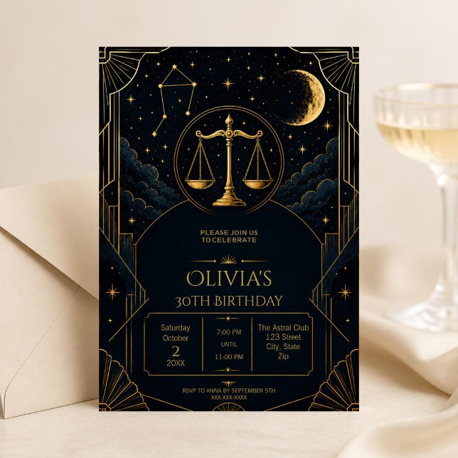 Libra 30th Birthday Invitation | Dark Art Deco (Dark Art Deco Libra zodiac 30th birthday invitation with celestial details and elegant moody styling)