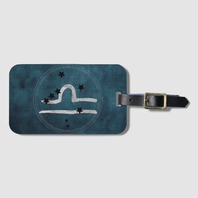 Libra black & silver zodiac constellation teal luggage tag (Front Horizontal)