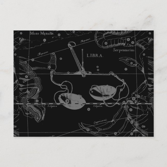 Libra Constellation Hevelius 1690 Map on Black Postcard (Front)