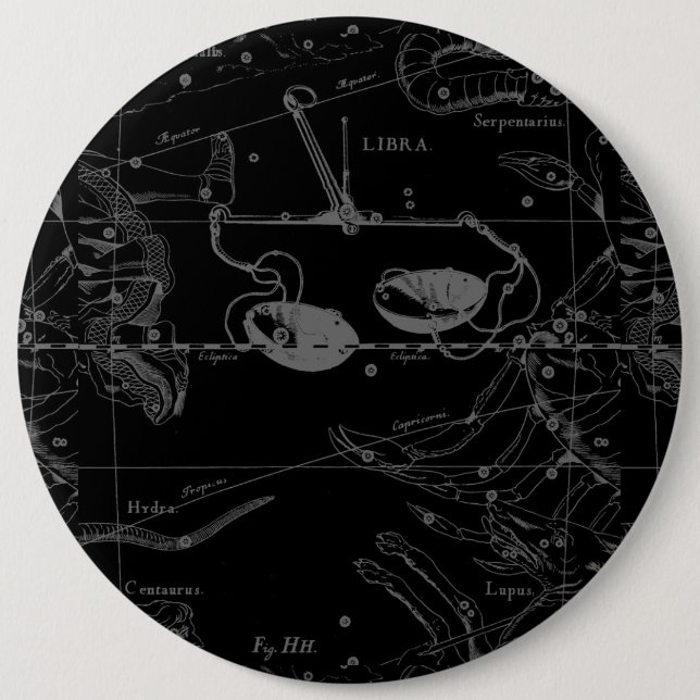 Libra Constellation Map Hevelius 1690 on Black 6 Cm Round Badge (Front)