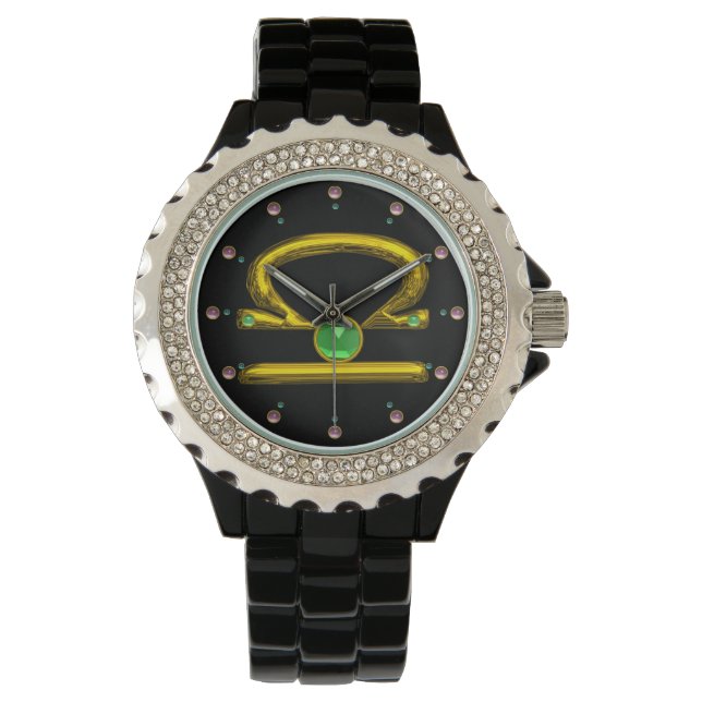 LIBRA GOLD ZODIAC BIRTHDAY JEWEL,Green ,Black Watch (Front)