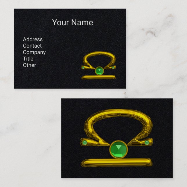 LIBRA  GOLD ZODIAC JEWEL ,Green Emerald Black Business Card (Front/Back)