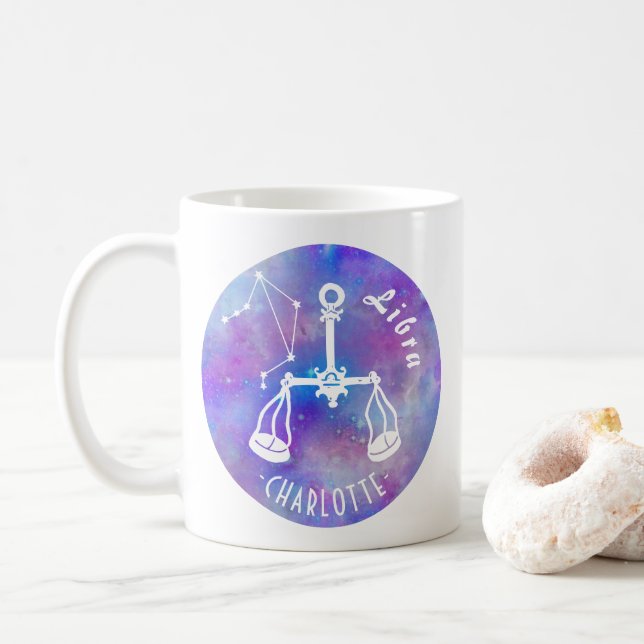 Libra Scales Constellation Stars Name Birthday Coffee Mug (With Donut)