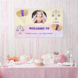 Libra Watercolor 1st Birthday   Balloons & 1 Photo Banner